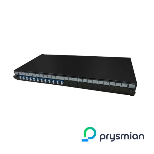 PRYSMIAN Fibre LC Panel | Single Mode | 24 Way | 1U | 12 x Duplex Blue adaptors | 1 x 24F Splice Cassette