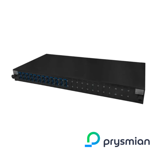 PRYSMIAN Fibre SC Panel | Single Mode | 48 Way | 1U | 24 x Duplex Blue Adaptors | 2 x 24F Splice Cassette